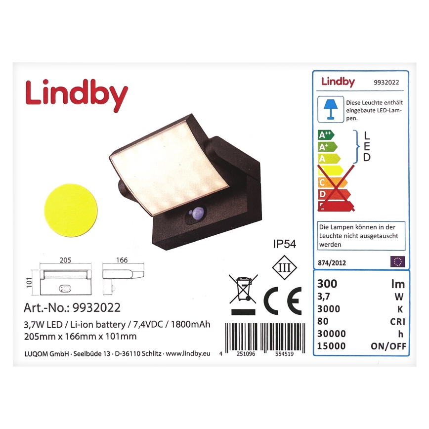 Lindby - Soldrevet LED væglampe med sensor SHERIN LED/3,7W/3,7V IP54