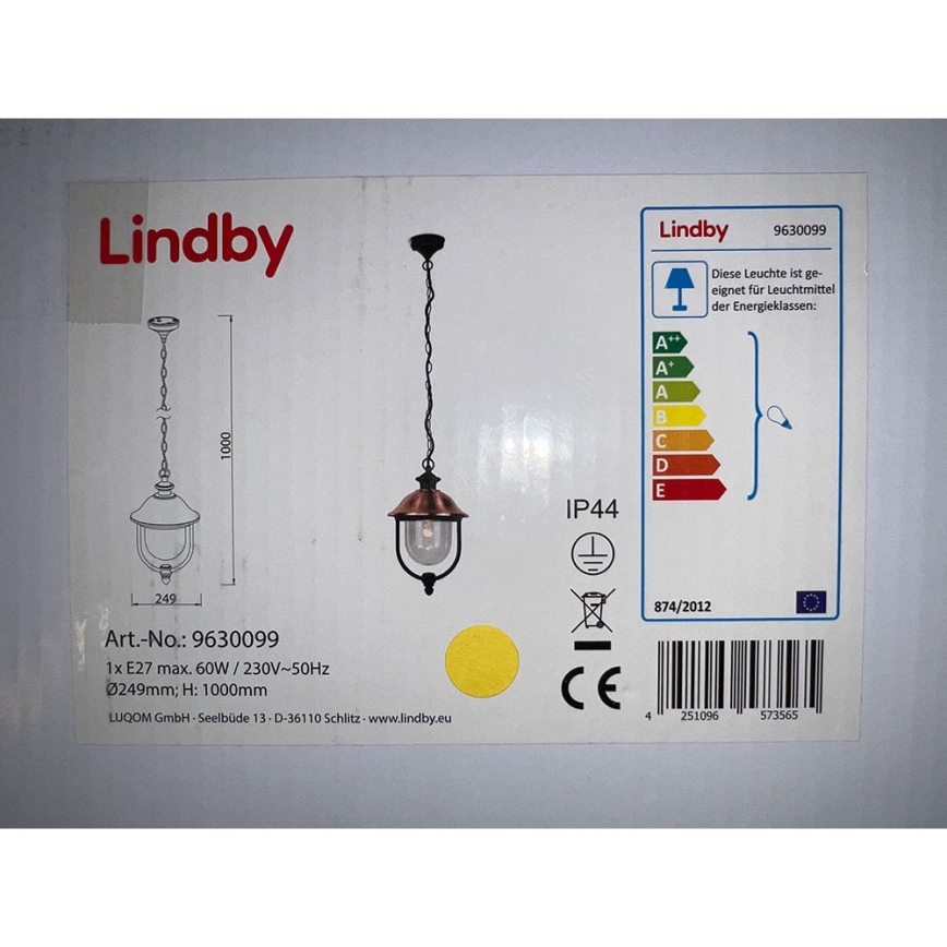 Lindby - Udendørspendel med kædeophæng CLINT 1xE27/60W/230V IP44