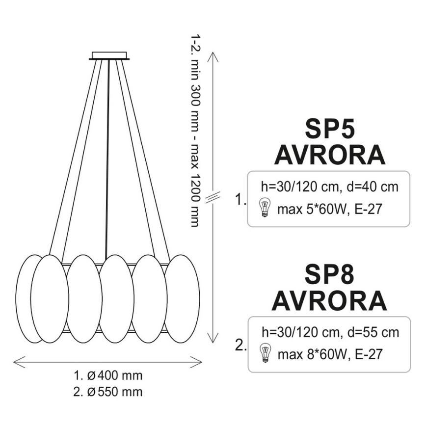 Lysekrone i en snor AURORA 8xE27/60W/230V
