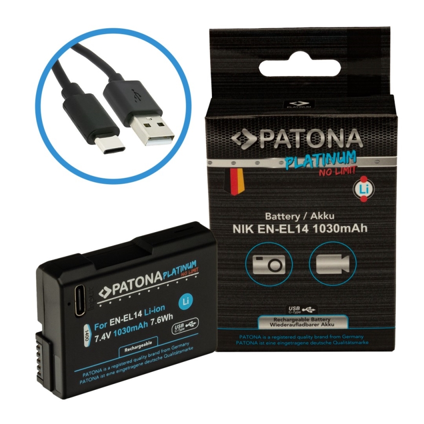 PATONA - Akkumulator Nikon EN-EL14/EN-EL14A 1030mAh Li-Ion Platinum USB-C opladning