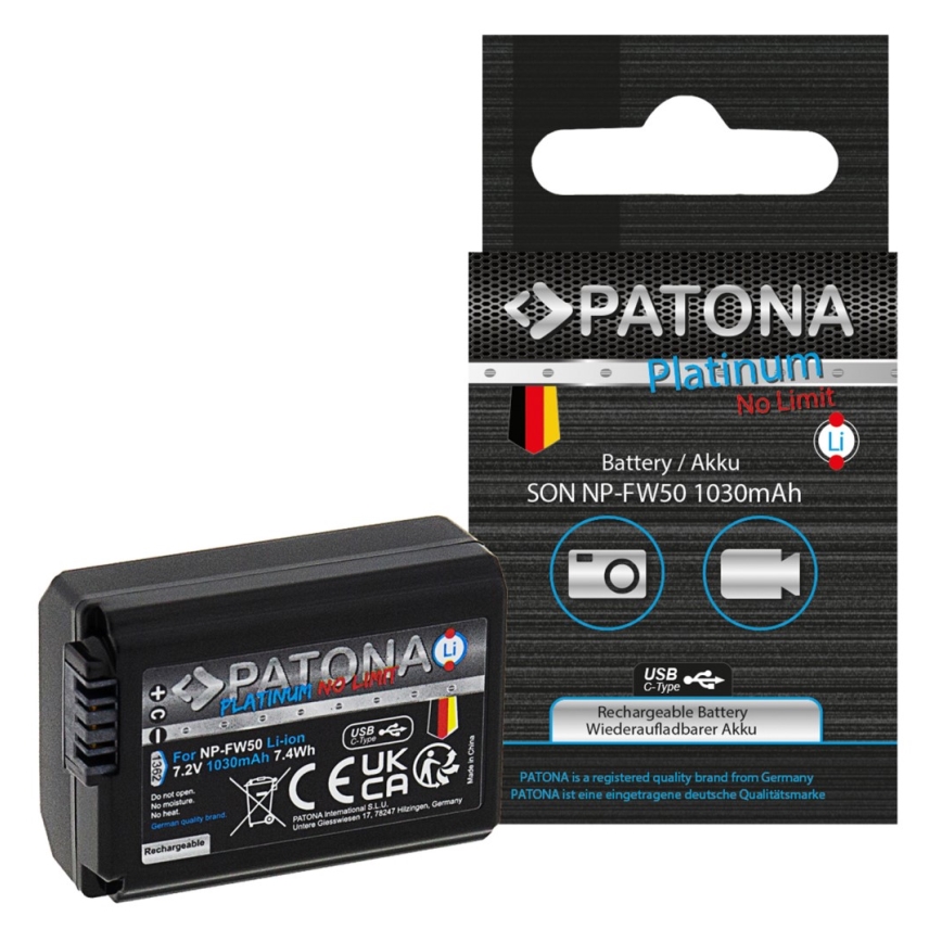 PATONA - Akkumulator Sony NP-FW50 1030 mAh Li-ion Platinum USB-C-opladning