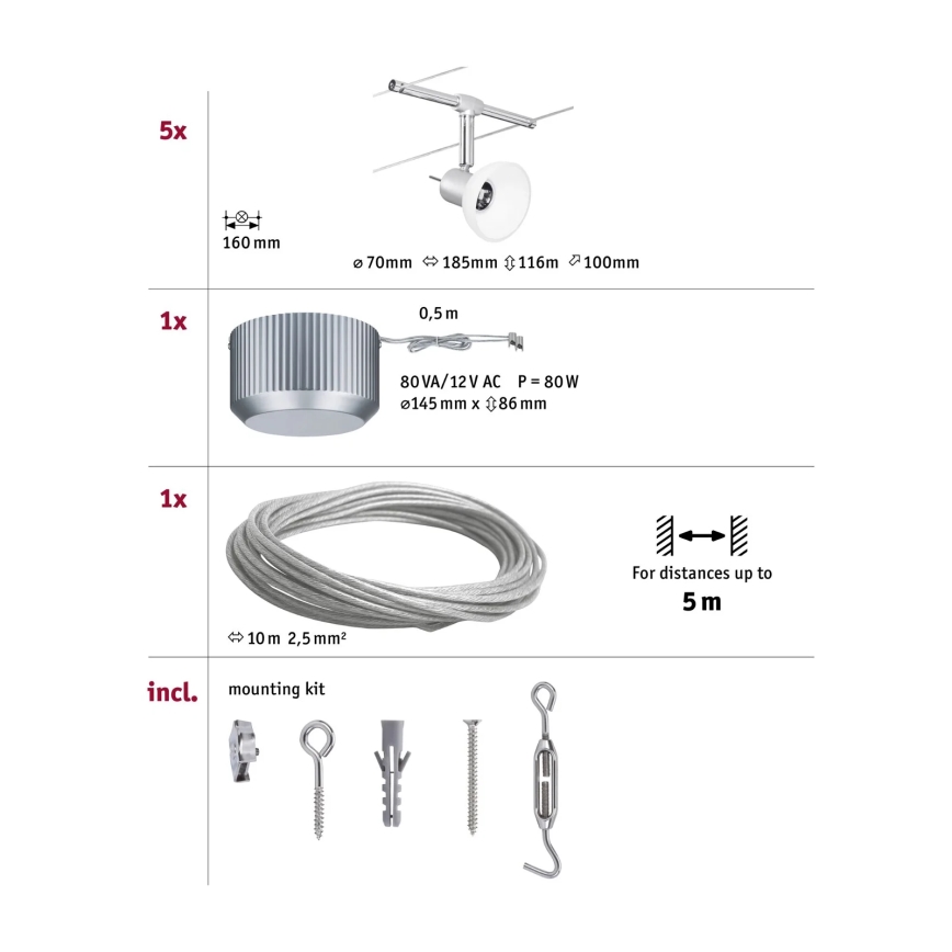 Paulmann 94136 - SÆT 5xGU5,3/10W Spotlampe til skinnesystem SHEELA 230V skinnende krom