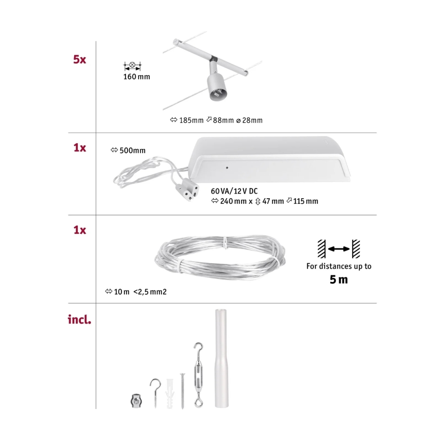 Paulmann 94442 - SÆT 5xGU5,3/10W Spotlampe til skinnesystem SALT 230V mat krom