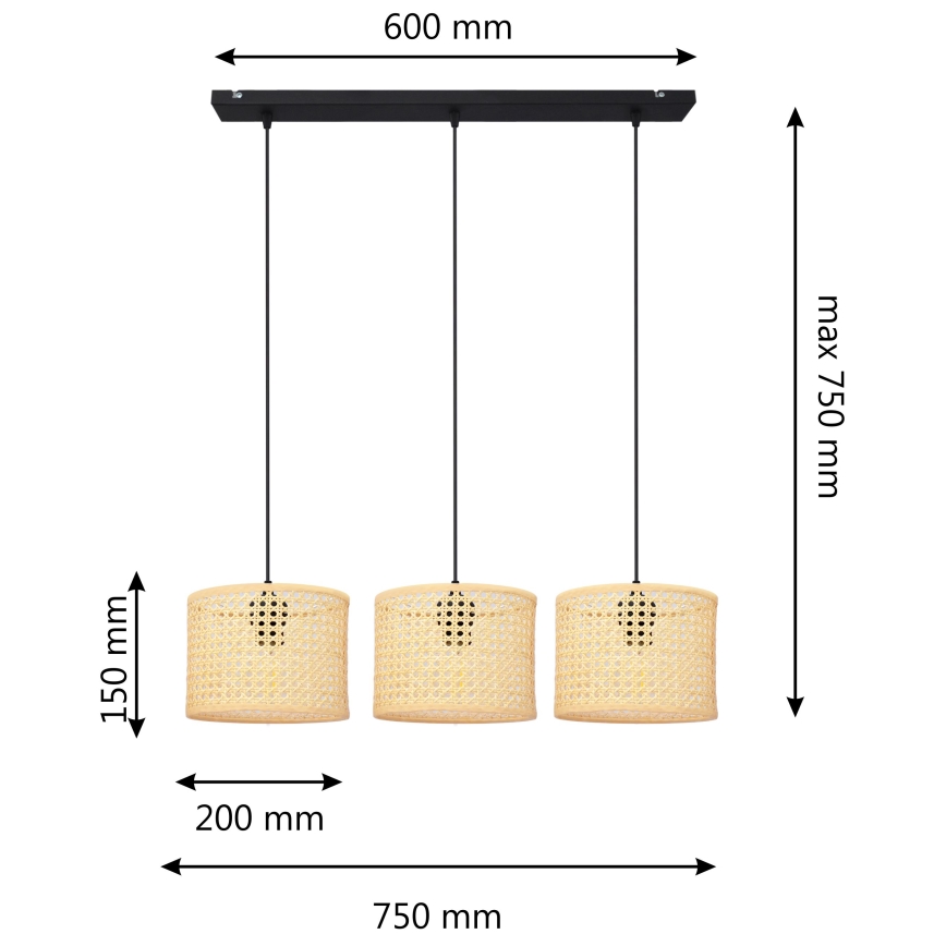 Pendel ALBA 3xE27/60W/230V Rattan/sort