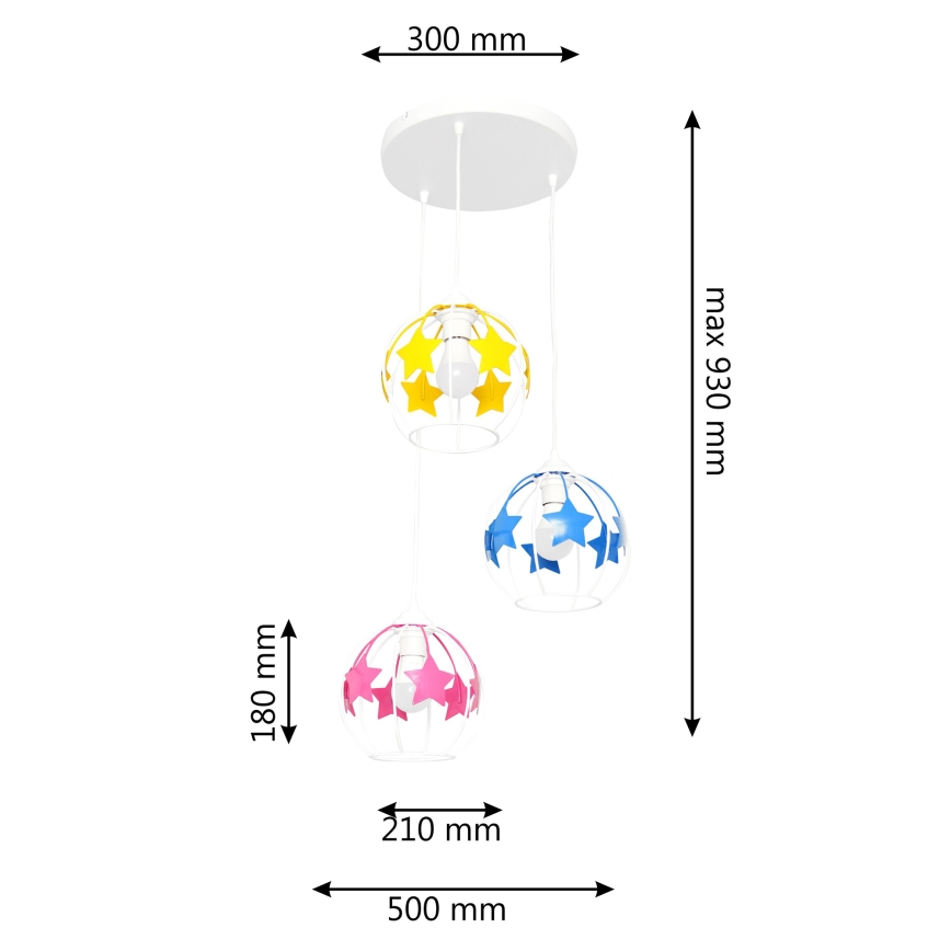 Pendellampe til børn STARS 3xE27/15W/230V blå/lyserød/gul