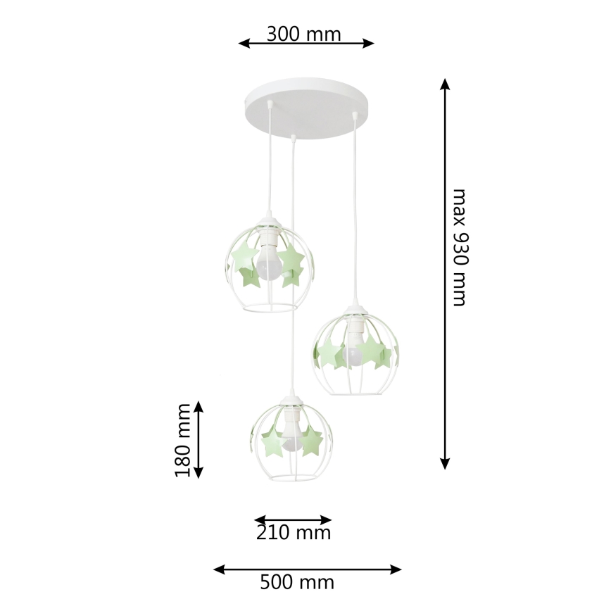 Pendellampe til børn STARS 3xE27/15W/230V grøn/hvid