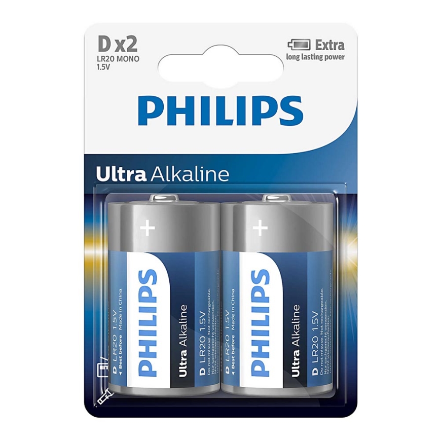 Philips LR20E2B/10 - 2 stk. Alkalisk batteri D ULTRA ALKALINE 1,5V 15000mAh