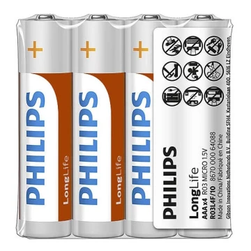 Philips R03L4F/10 - 4 stk. Zinkklorid batteri AAA LONGLIFE 1,5V 450mAh