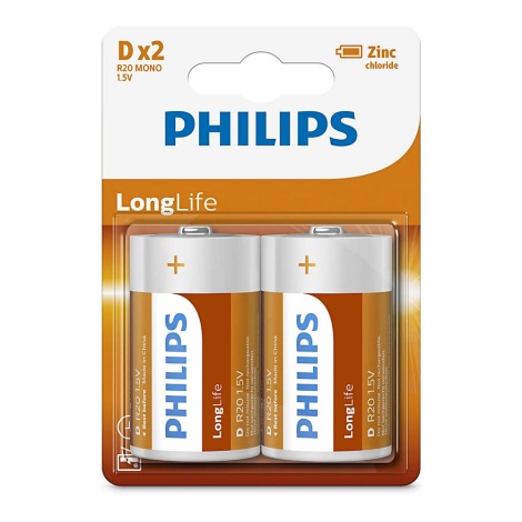 Philips R20L2B/10 - 2 stk. Zinkklorid batteri D LONGLIFE 1,5V 5000mAh