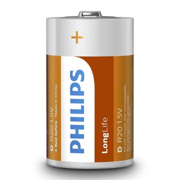 Philips R20L2B/10 - 2 stk. Zinkklorid batteri D LONGLIFE 1,5V 5000mAh