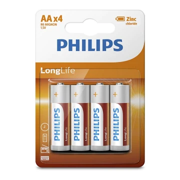 Philips R6L4B/10 - 4 stk. Zinkklorid batteri AA LONGLIFE 1,5V 900mAh