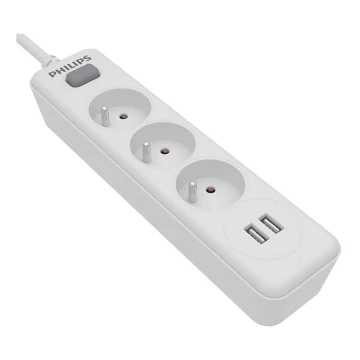 Philips SPN3032WA/60 - Forlængerledning med afbryder 3Z + 2xUSB-A 2 m hvid