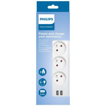 Philips SPN3032WA/60 - Forlængerledning med afbryder 3Z + 2xUSB-A 2 m hvid