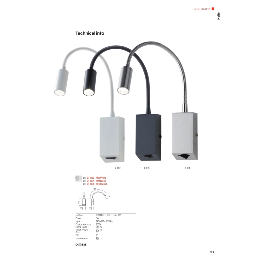 Redo 01-1193 - LED Fleksibel lille lampe HELLO LED/3W/230V hvid