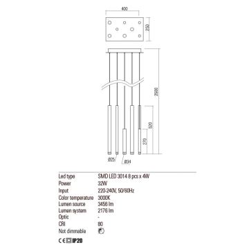 Redo 01-2046 - LED pendel MADISON 8xLED/4W/230V guldfarvet