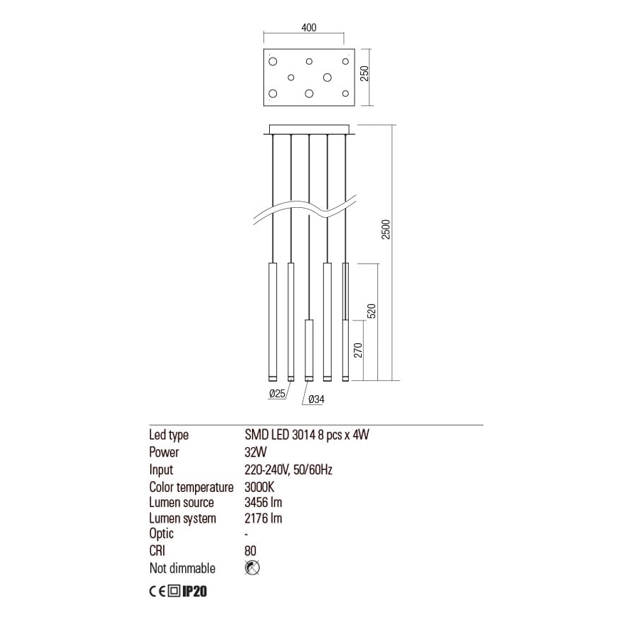 Redo 01-2046 - LED pendel MADISON 8xLED/4W/230V guldfarvet