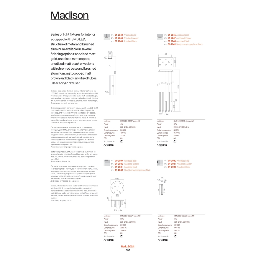 Redo 01-2049 - LED pendel MADISON 8xLED/4W/230V skinnende krom/sort/kobber