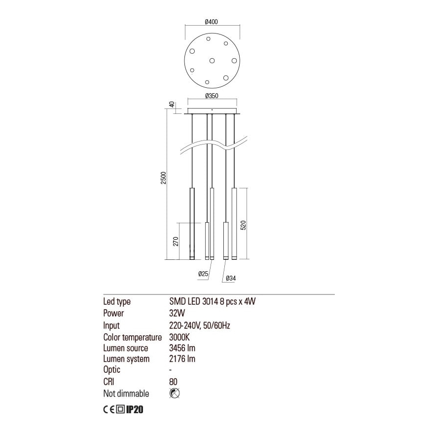 Redo 01-2050 - LED pendel MADISON 8xLED/4W/230V guldfarvet