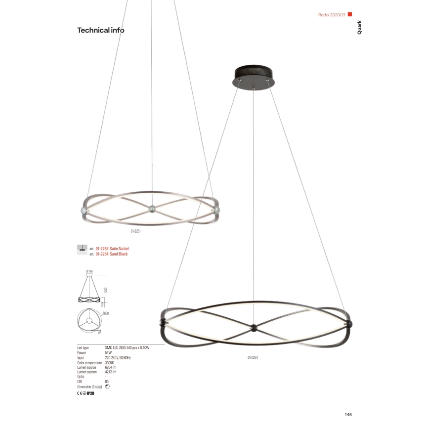 Redo 01-2251 - LED pendel dæmpbar QUARK LED/43W/230V 3000K diameter 60 cm krom