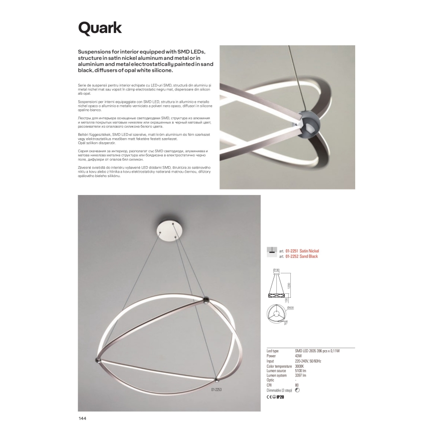 Redo 01-2254 - LED pendel dæmpbar QUARK LED/54W/230V 3000K diameter 80 cm sort