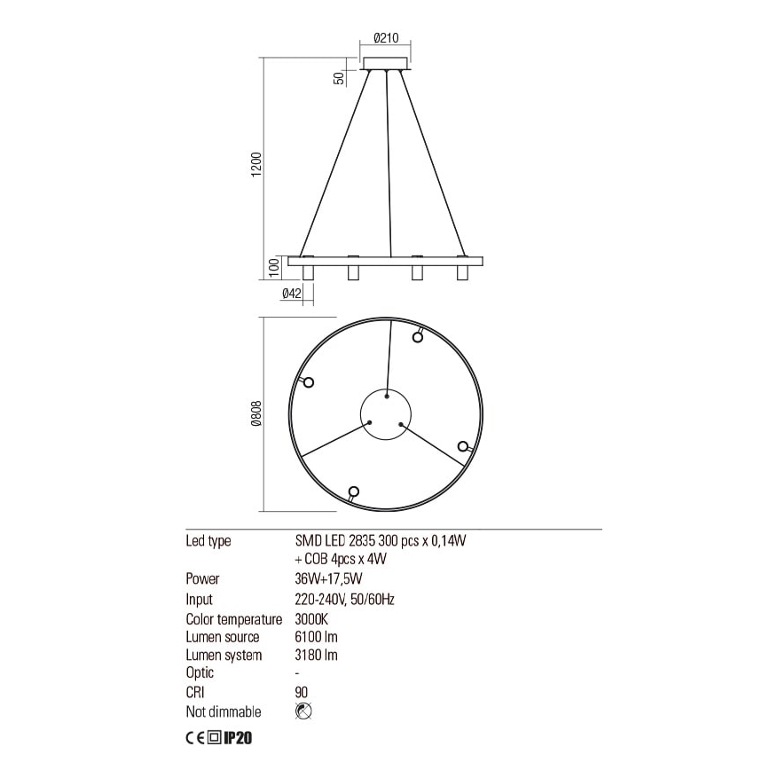 Redo 01-2492 - LED pendel SUMMIT LED/53,5W/230V CRI 90 diameter 80,8 cm guldfarvet