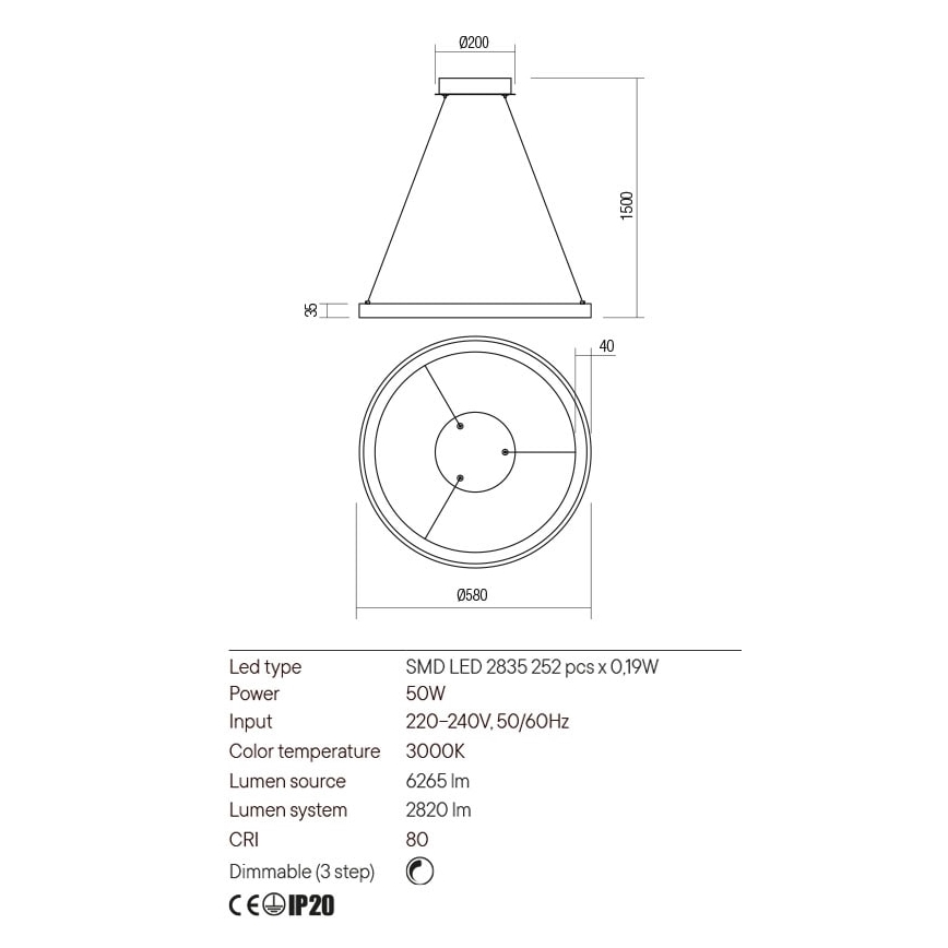 Redo 01-2673 - LED pendel dæmpbar ICONIC LED/50W/230V diameter 58 cm guldfarvet
