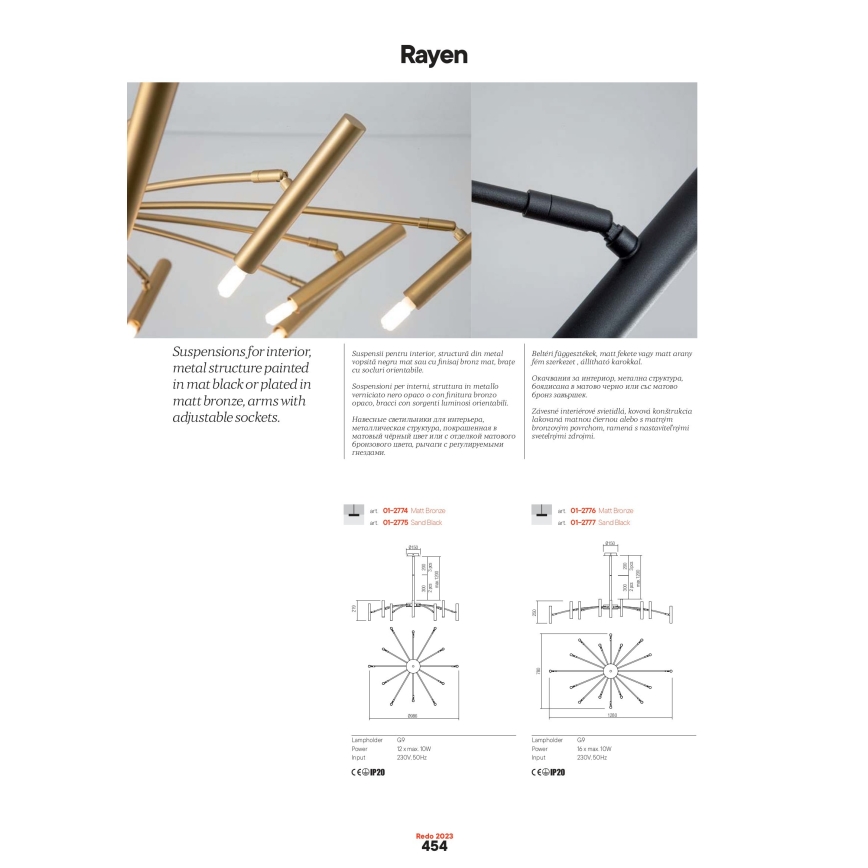 Redo 01-2774 - Pendellampe RAYEN 12xG9/10W/230V bronze