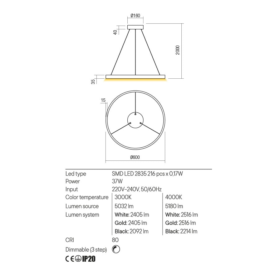 Redo 01-2865 - LED pendel dæmpbar FEBE LED/37W/230V guldfarvet