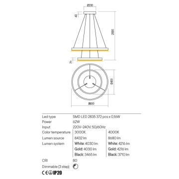 Redo 01-2891 - LED pendel dæmpbar FEBE LED/62W/230V sort