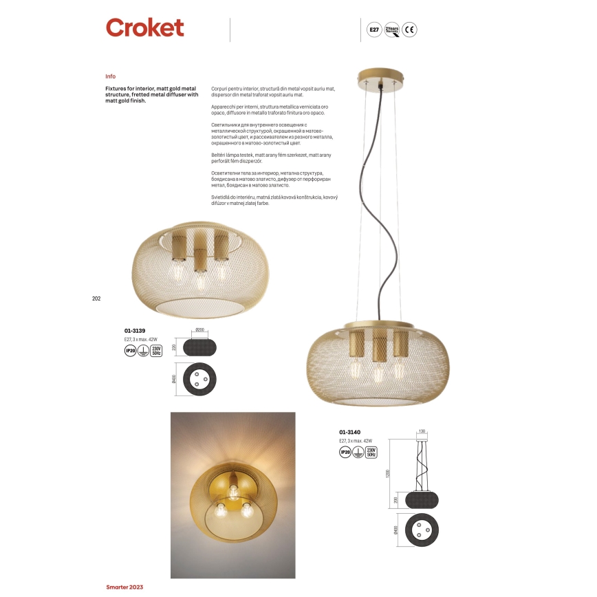 Redo 01-3139 - Loftlampe CROKET 3xE27/42W/230V diameter 40 cm guldfarvet