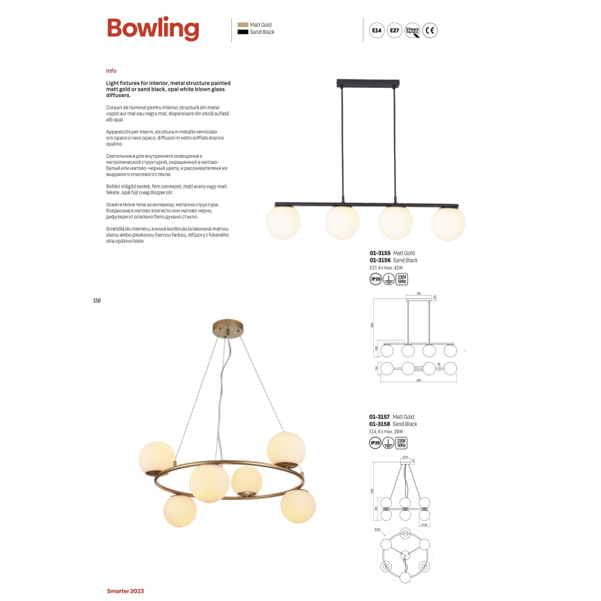 Redo 01-3155 - Pendel BOWLING 4xE27/42W/230V guldfarvet