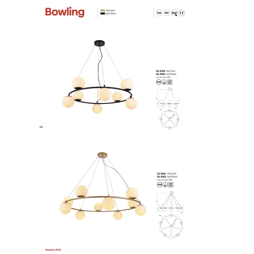 Redo 01-3158 - Pendel BOWLING 6xE14/28W/230V sort