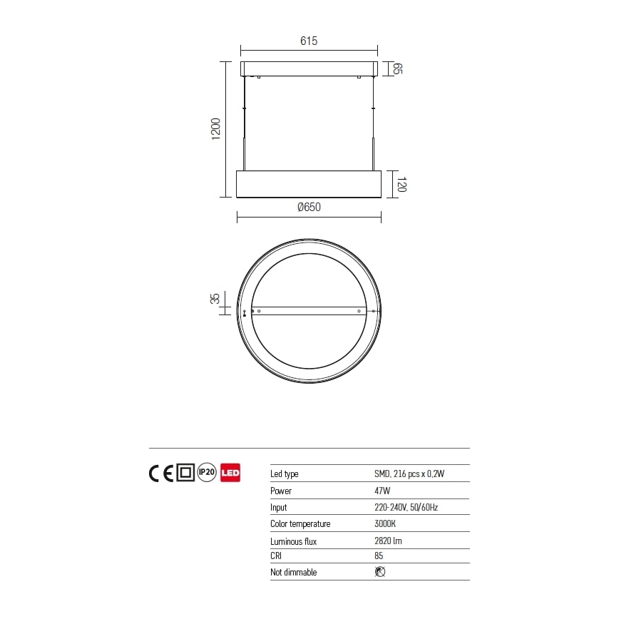 Redo 01-924 - LED pendel BOND LED/47W/230V 3000K grå