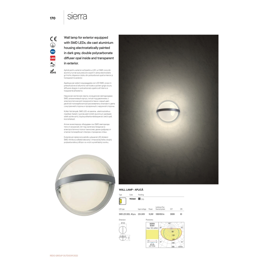 Redo 90364 - Udendørs LED væglampe SIERRA LED/10,8W/230V IP54