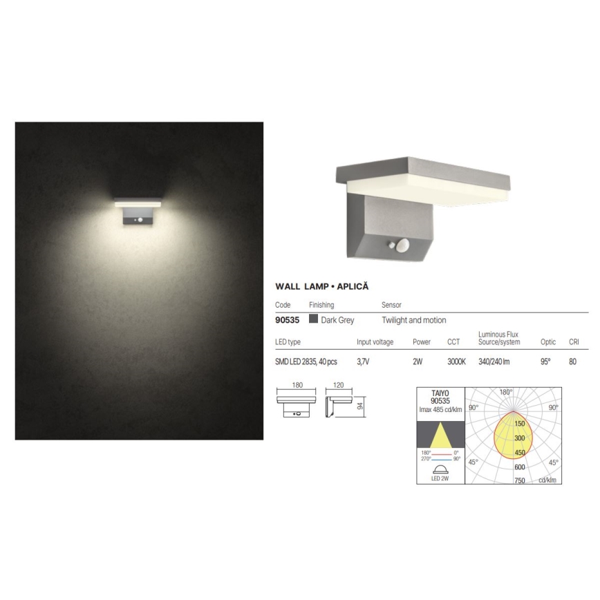 Redo 90535 - Soldrevet LED væglampe med sensor TAIYO LED/2W/3,7V 3000K IP54 antracit