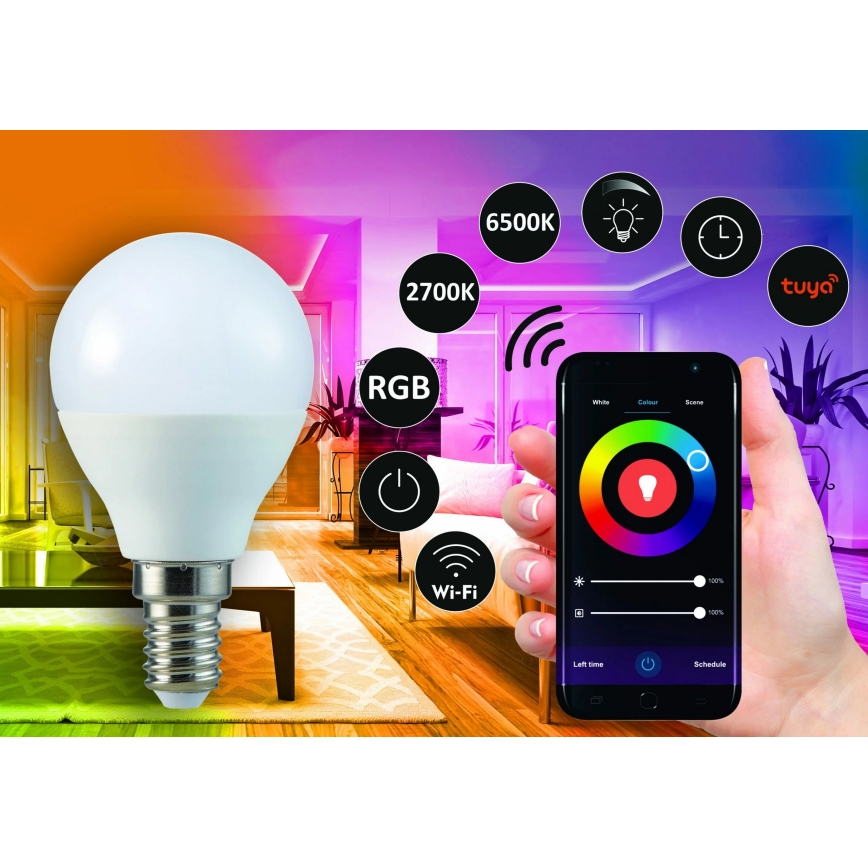 RGB LED-pære dæmpbar G45 E14/5,5W/230V 3000-6500K Wi-fi Tuya