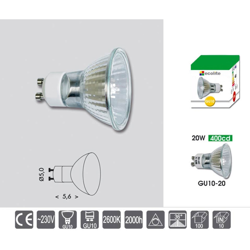 Robust lyspære dæmpbar GU10/20W/230V 2600K - Ecolite