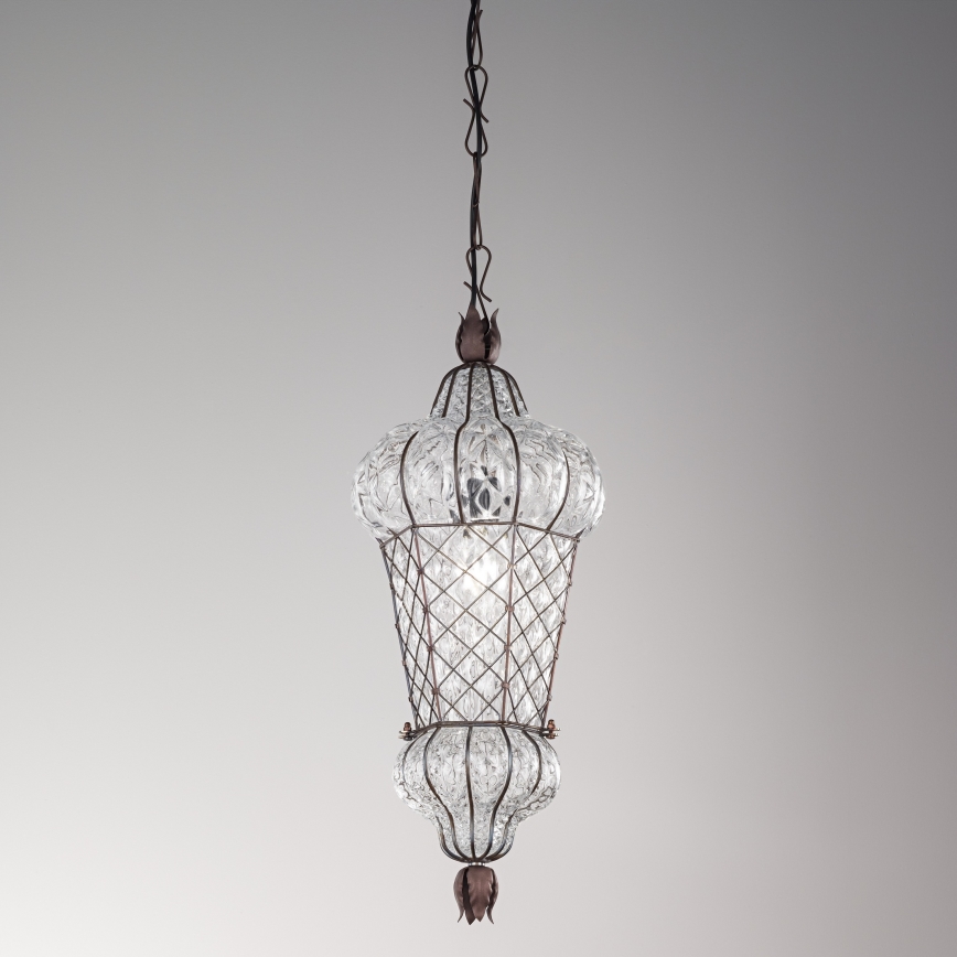SIRU - Pendel med kædeophæng BABÀ 1xE27/60W/230V diameter 30 cm transparent/brun Venetian glas