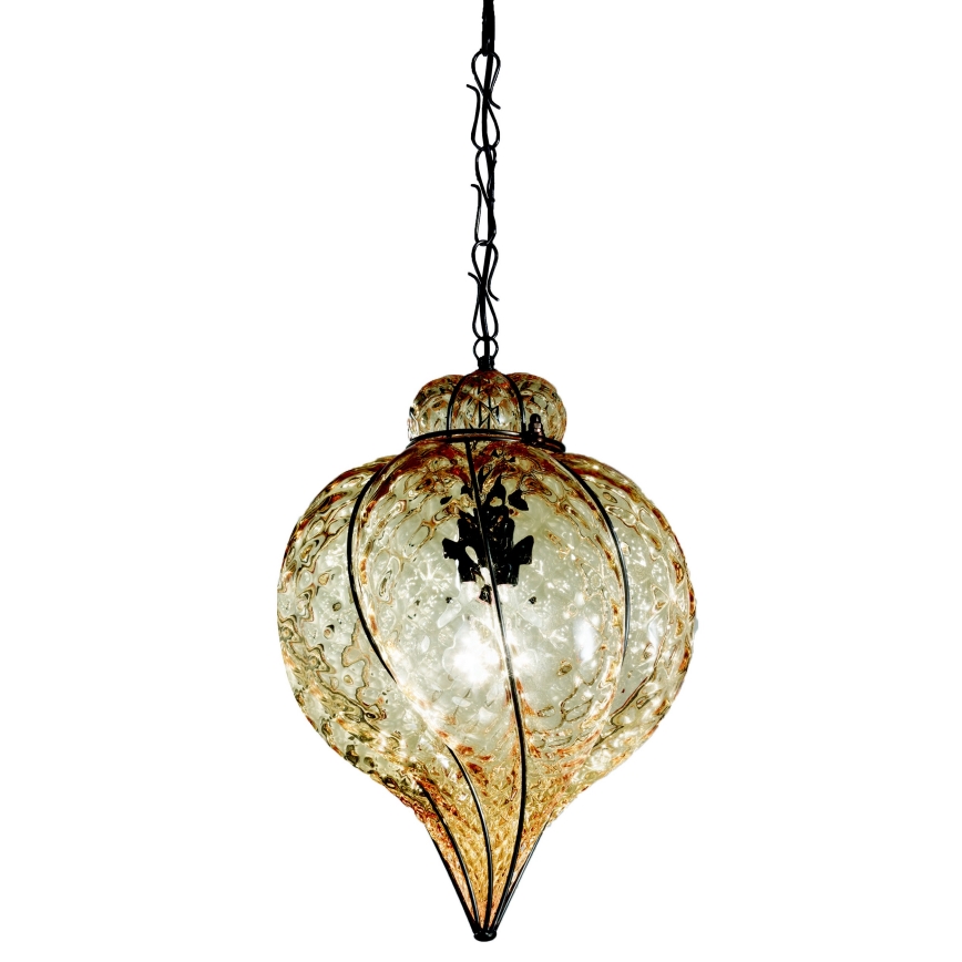 SIRU - Pendel med kædeophæng GOCCIA 1xE27/60W/230V diameter 25 cm beige/brun Venetian glas