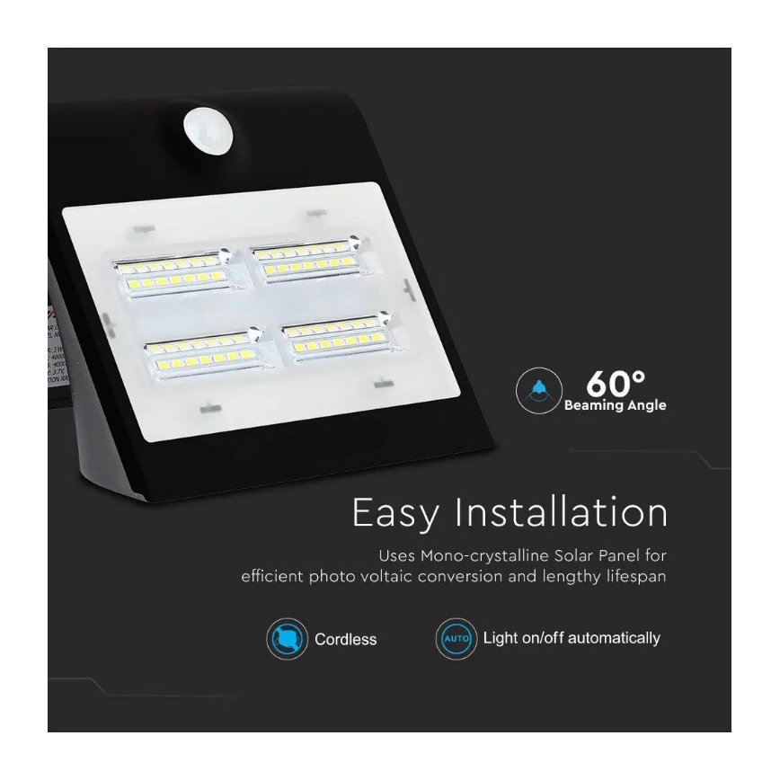 Soldrevet LED væglampe med sensor LED/3W/3,7V 3000/4000K IP65 sort