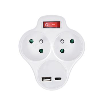 Forgreningsled med USB A+C charger og kontakt 2x10A hvid