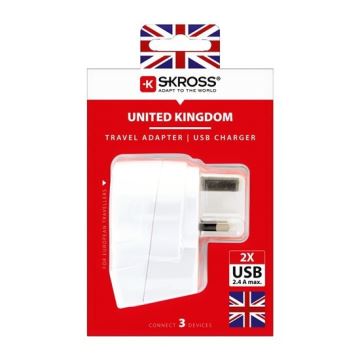 Rejseadapter til UK 230V + 2x USB-port