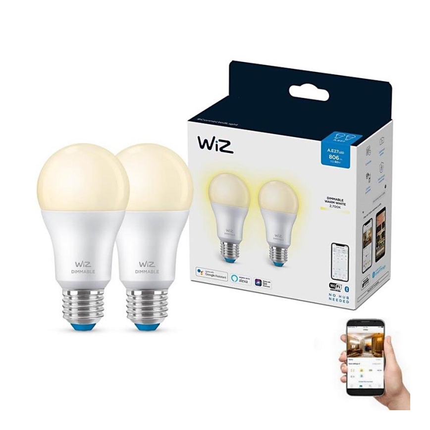 SÆT 2x LED-pære dæmpbar A60 E27/8W/230V 2700K CRI 90 Wi-Fi - WiZ