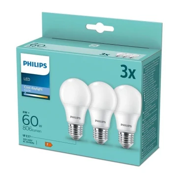 SÆT 3x LED-pære Philips A60 E27/8W/230V 6500K