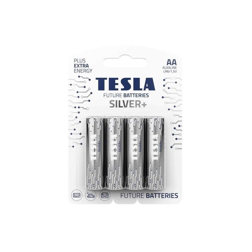 Tesla Batteries - 4 stk. Alkalisk batteri AA SILVER+ 1,5V 2900 mAh