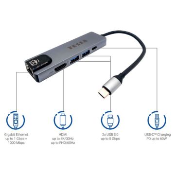 TESLA Electronics - Multifunktionel USB-hub 5-i-1