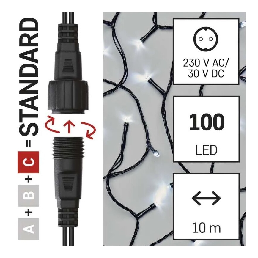 Udendørs LED julelyskæde 100xLED/10m IP44 kold hvid