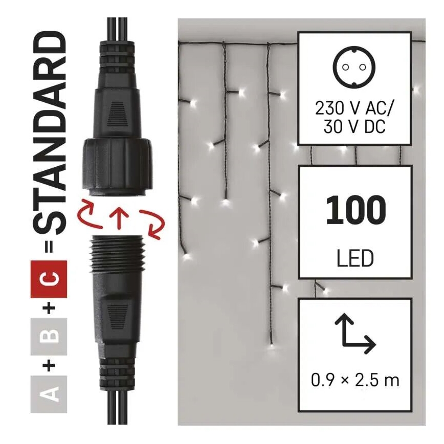 Udendørs LED julelyskæde 100xLED/2,5x0,9m IP44 kold hvid