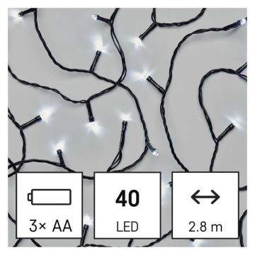 Udendørs LED julelyskæde 40xLED/3xAA 3,3m IP44 kold hvid