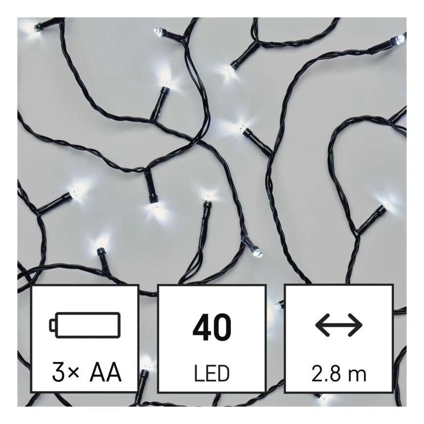 Udendørs LED julelyskæde 40xLED/3xAA 3,3m IP44 kold hvid